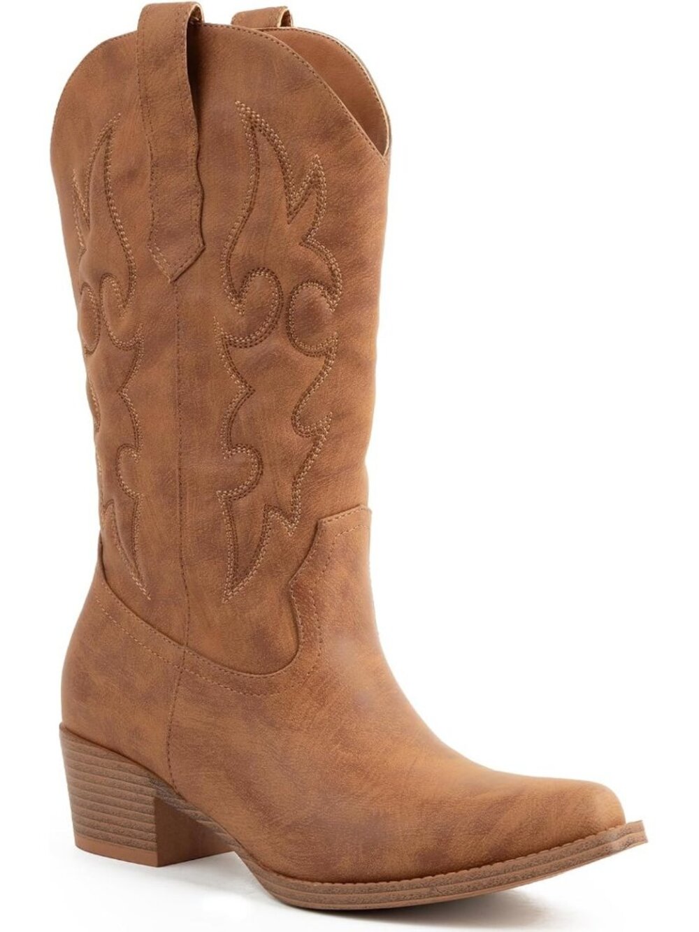 Women's Brown Cowboy Boots, Mid Calf Western Pull On Cowgirl Boots
